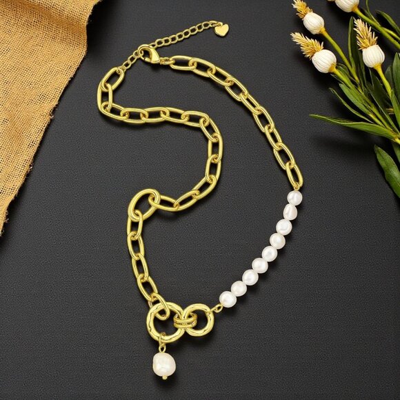 ποΈStatement Necklace Freshwater Pearls 18K Gold Plated Stainless Steel Jewelry - Picture 1 of 14